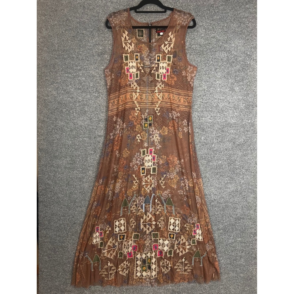 Biya Johnny Was Maxi Dress Womens Large Brown Excellent Mesh Embroidered Boho